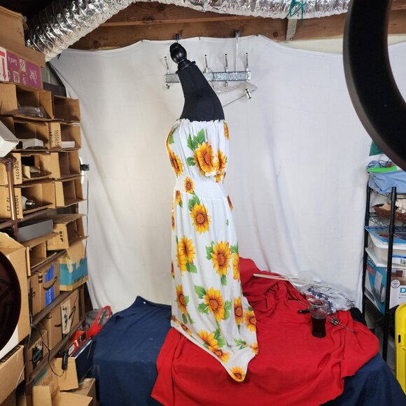 Ace White Yellow Orange Green Sunflowers Smocked Waist Drop Shoulder Maxi Sz 1X - Picture 8 of 16